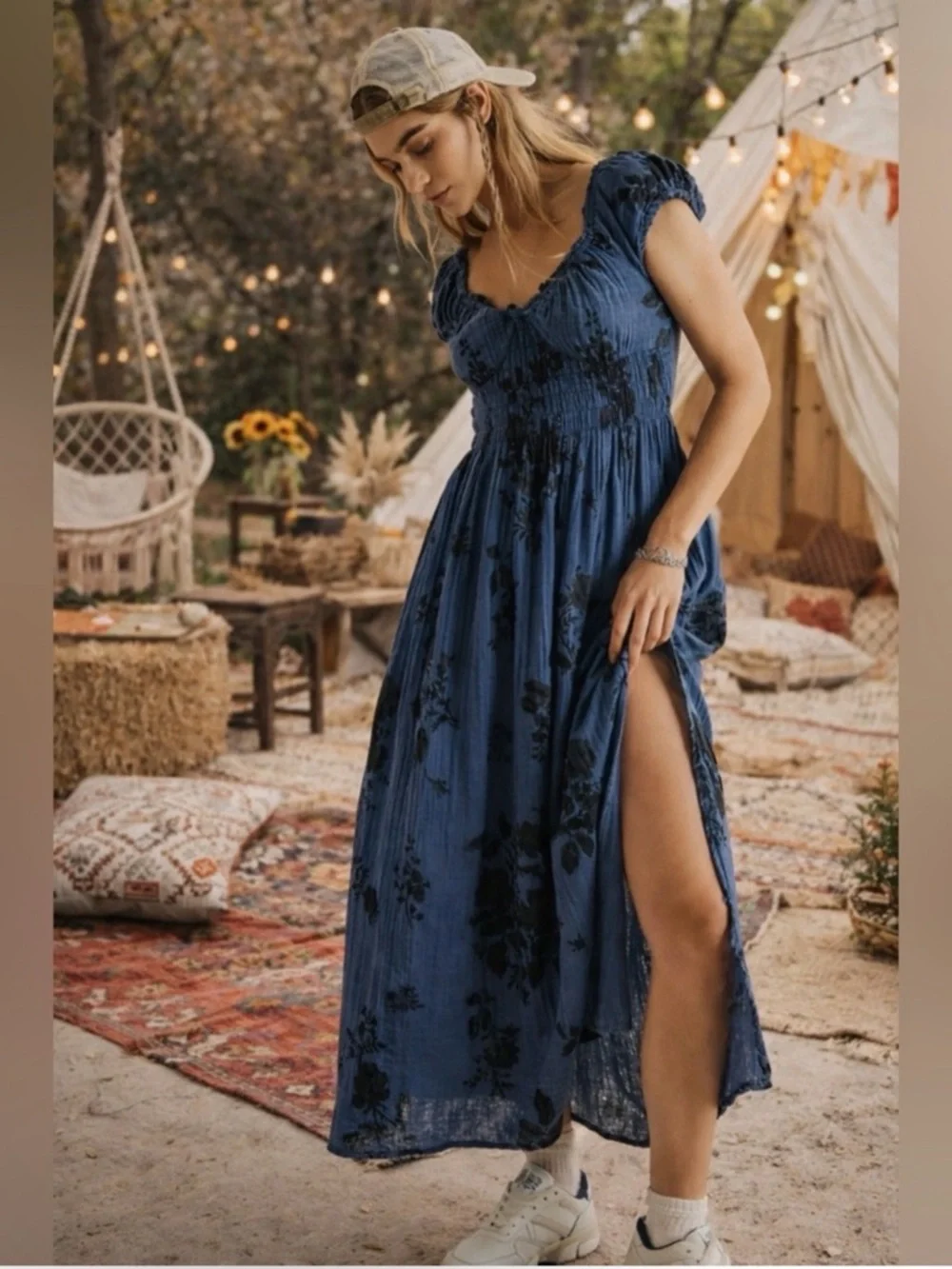 Free People “Forget Me Not” Blue Floral Backless Maxi Dress with Side Slit - Picture 1 of 5